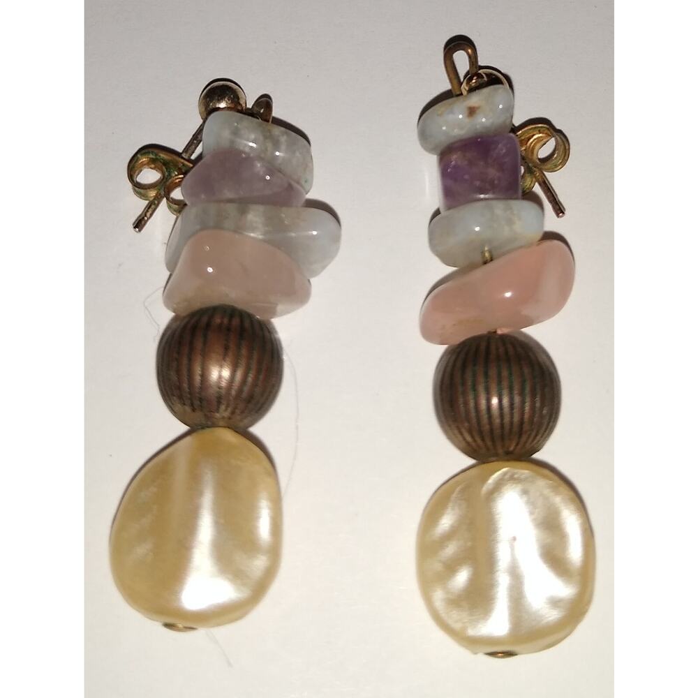 Vintage Amethyst Freshwater Pearl Rose Quartz Earrings